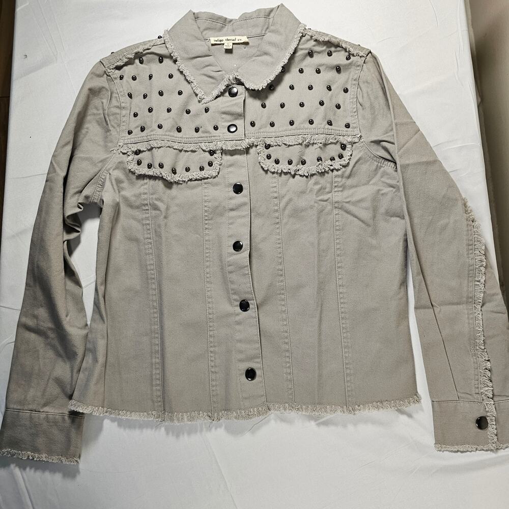 Indigo Thread Co Jacket Womens M Studded‎ Fringe Raw Hem Denim Western Boho